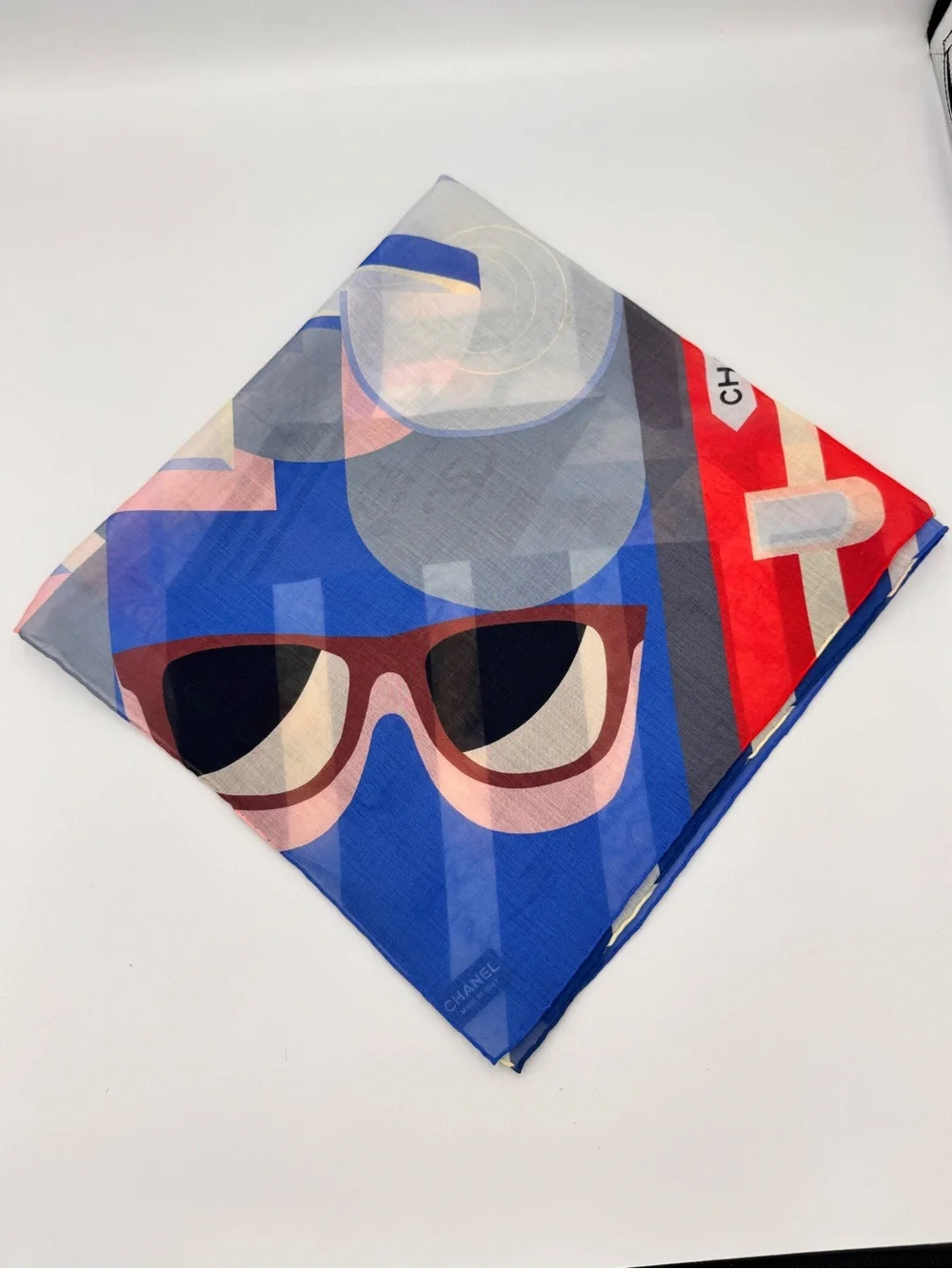 Vintage CHANEL Gabrielle Coco Chanel Silk Scarf Blue Red Graphic Print Italy